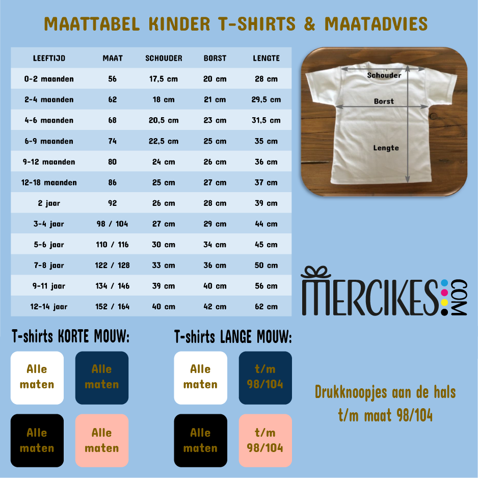 Vergadering Triviaal Verbergen Maattabel en beschikbare kleuren kinder t-shirts - Mercikes